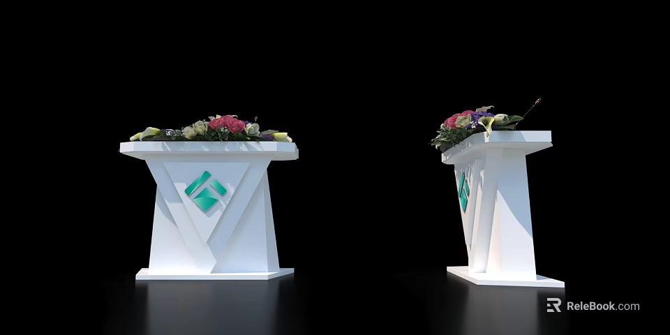 Modern White Reception Desks With Green Diamond Logo And Flower Arrangements 3d model 
