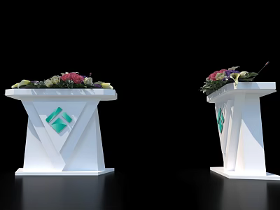 Modern White Reception Desks With Green Diamond Logo And Flower Arrangements 3d model