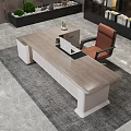Modern Office Desk Interior With White Surface Bookshelves Marble Wall And Potted Plants