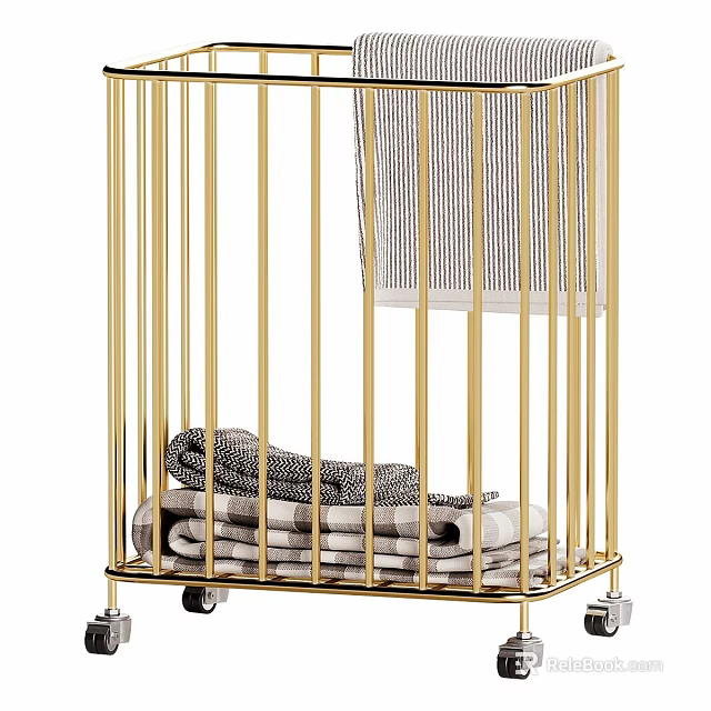 Stylish Laundry Storage Rack With Gold Metal Frame Wheels Folded Towels And Striped Basket 3d model 