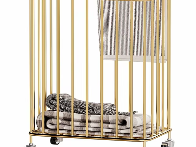 Stylish Laundry Storage Rack With Gold Metal Frame Wheels Folded Towels And Striped Basket 3d model