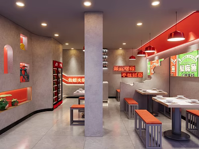 Sichuan Hotpot Restaurant Interior Design With Red Decor Bench Seating And Warm Lighting 3d model