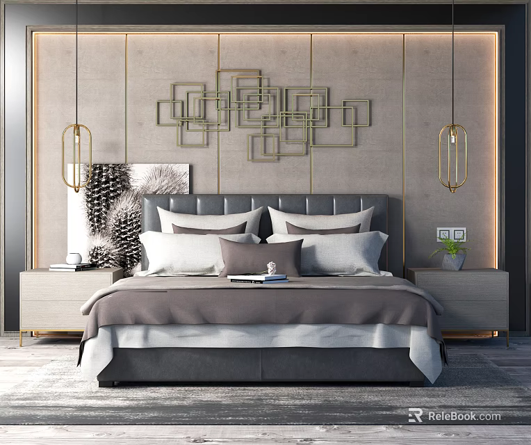 Modern Elegant Bedroom Double Bed With Geometric Wall Decor Pendant Lights Nightstands And Gray Bedding 3d model 