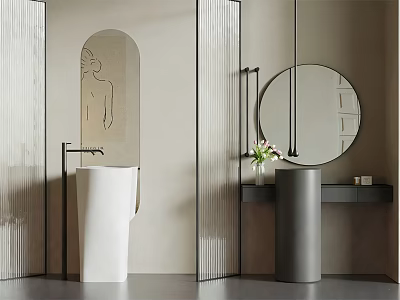 Modern Pedestal Washbasins In Minimalist Bathroom With Round Mirror And Flower Vase 3d model