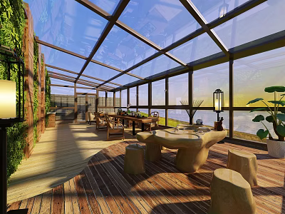 Villa Balcony with Glass Roof Wooden Flooring Green Plant Wall Lanterns Tables and Chairs 3d model