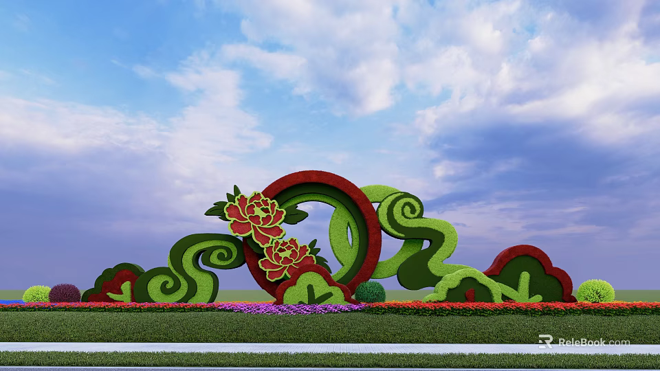 Beautiful Flower Bed And Flower Pots With Peony Flowers And Cloud Patterns Under Blue Sky 3d model 