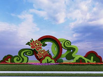 Beautiful Flower Bed And Flower Pots With Peony Flowers And Cloud Patterns Under Blue Sky 3d model