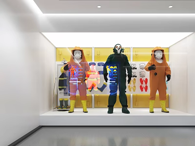 Protective Suit Mannequins Display In Glass Case With Yellow Wall Background 3d model