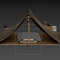 Open Canvas Camping Tent With Metal Bucket Wooden Crate And Small Items