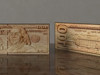 Wooden Carved US Dollar Bill Ornament Set with Intricate Details for Home Decor 3d model