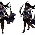 Dynamic Woman With Long Hair In Purple Outfit Holding Swords And Flowing Cape