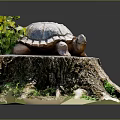 Realistic Turtle Statue On Tree Stump Base With Green Plants And Roots 3d model