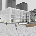 Modern Commercial Complex With Central Plaza Fountain Surrounding Trees And Street Vehicles
