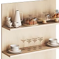 Stylish Dinnerware Set Display On Wooden Shelves With Bowls Plates Glasses And Cups