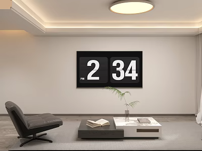 Modern Minimalist Living And Dining Room With Unique Flip Wall Clock And Marble Coffee Table 3d model