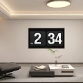 Modern Minimalist Living And Dining Room With Unique Flip Wall Clock And Marble Coffee Table