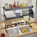 Functional Kitchen Utensil Set with Plates Cups Knives Cutting Board above Sink in Modern Kitchen