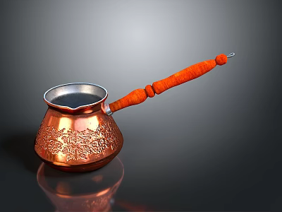 Traditional Copper Coffee Pot with Engraved Patterns and Orange Beaded Handle for Home Use 3d model