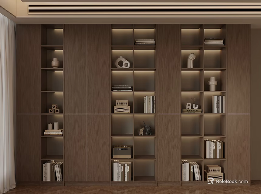Modern Study Room With Built In Wooden Bookshelves LED Lighting And Decorative Items 3d model 