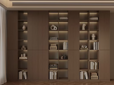 Modern Study Room With Built In Wooden Bookshelves LED Lighting And Decorative Items 3d model