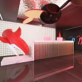 Modern Restaurant Featuring Long Tables Red Gray Chairs Unique Ceiling Decor And Circular Wall Art 3d model