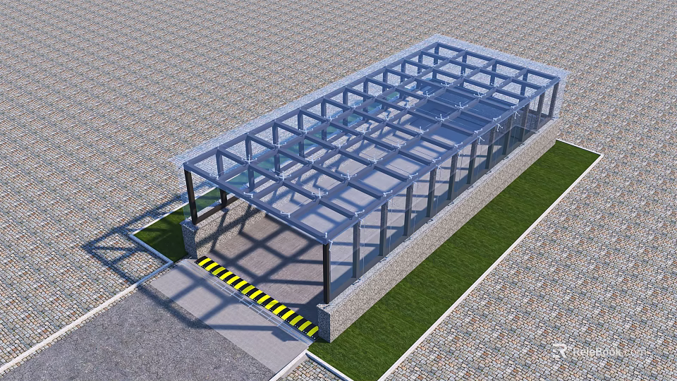 Roadside Glass Shelter with Transparent Roof and Metal Frame Featuring Warning Stripes by Grass Area 3d model 
