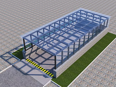 Roadside Glass Shelter with Transparent Roof and Metal Frame Featuring Warning Stripes by Grass Area 3d model