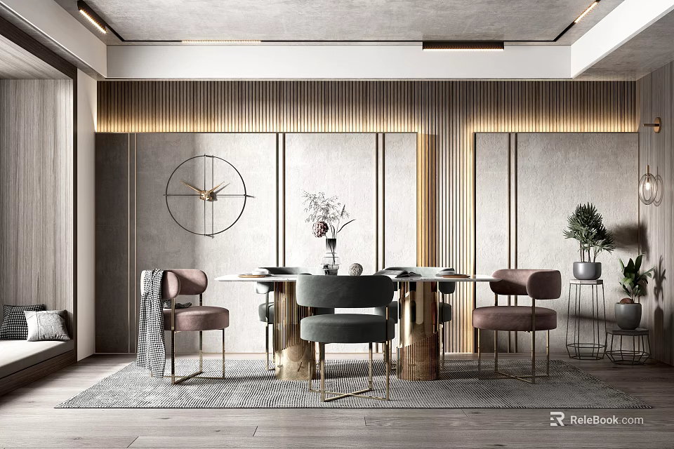 Modern Dining Table Set With Blush Gray Chairs Decorative Mirror Clock And Plant 3d model