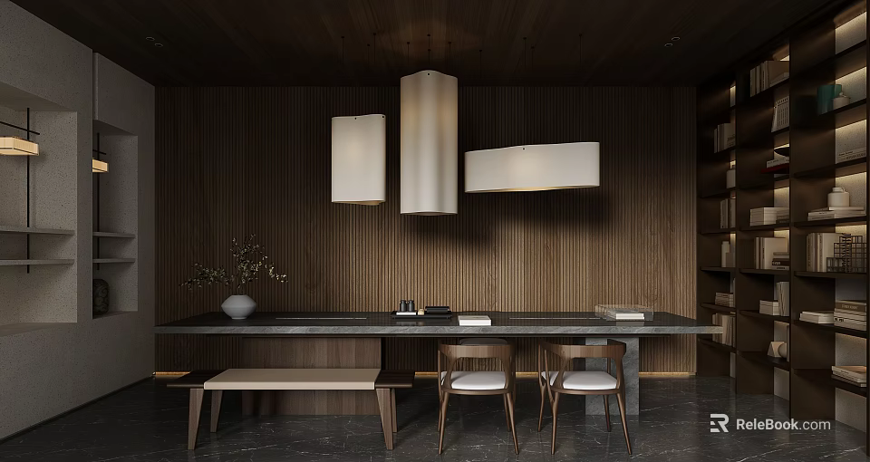 Modern Tea Room Interior With Wooden Wall And Pendant Lights 3d model 