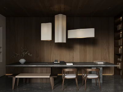 Modern Tea Room Interior With Wooden Wall And Pendant Lights 3d model