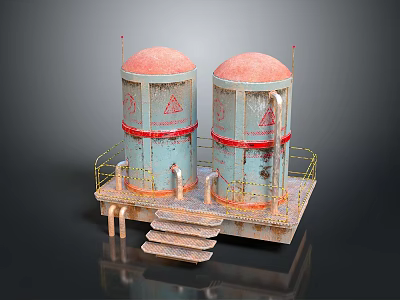 Household Blue Water Storage Tanks With Red Warning Signs And Metal Platform Stairs 3d model