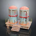 Household Blue Water Storage Tanks With Red Warning Signs And Metal Platform Stairs