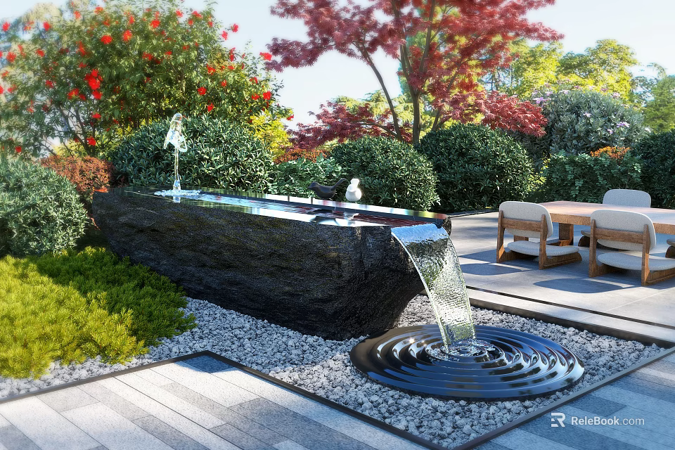 Garden Ornament With Stone Water Fountain Green Shrubs Red Foliage Pebbles Stone Pavement And Seating 3d model 