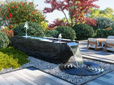 Garden Ornament With Stone Water Fountain Green Shrubs Red Foliage Pebbles Stone Pavement And Seating 3d model
