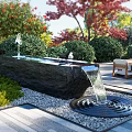 Garden Ornament With Stone Water Fountain Green Shrubs Red Foliage Pebbles Stone Pavement And Seating