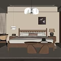 Modern Bedroom Interior With Wooden Bed Frame Nightstand Pendant Light And Rug