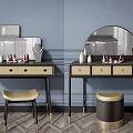 Modern Dressing Table Interior With Round Mirror Drawers Decorative Bottles And Stool 3d model