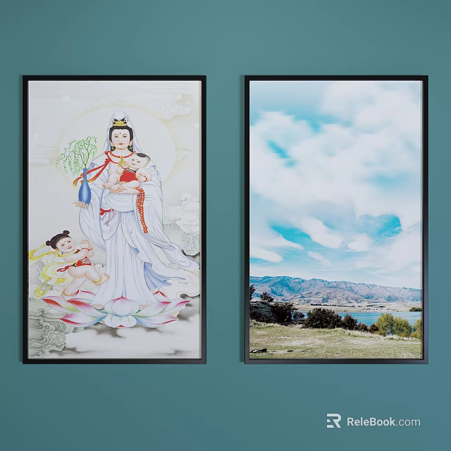 Two Framed Paintings With Traditional Figure And Scenic Landscape Hanging On Wall 3d model 