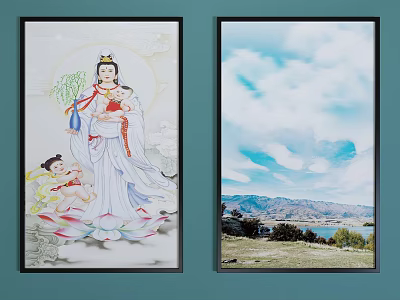 Two Framed Paintings With Traditional Figure And Scenic Landscape Hanging On Wall 3d model