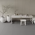White Long Wooden Table And Small Stool With Clay Pots Potted Plant In Rustic Style