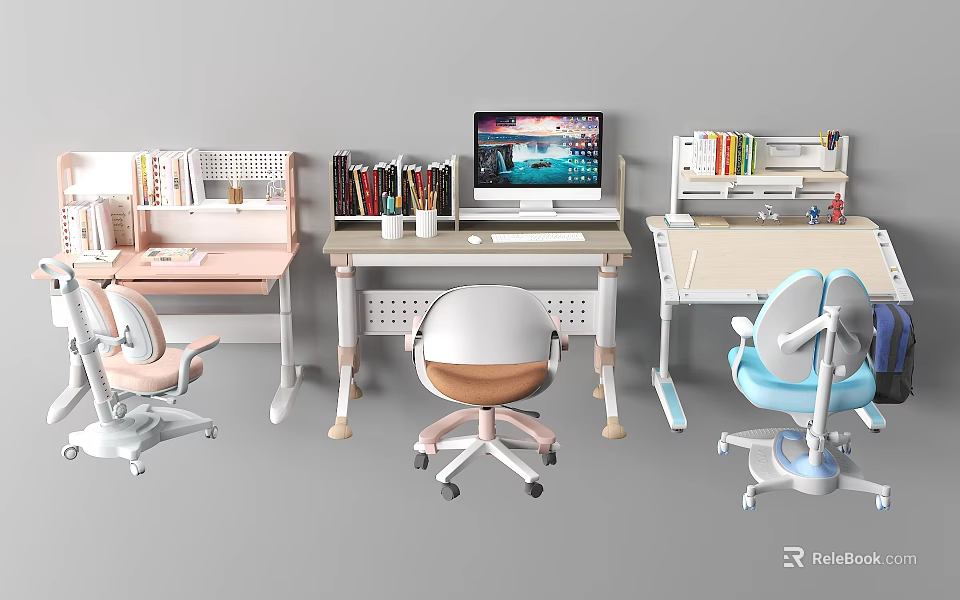 Stylish Modern Home Office Desks With Ergonomic Chairs Bookshelves And Desktop Computers 3d model 