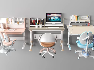 Stylish Modern Home Office Desks With Ergonomic Chairs Bookshelves And Desktop Computers 3d model