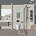 Modern Bathroom With White Tiles Shower Enclosure Toilet Vanity Mirror And Window Blinds Design