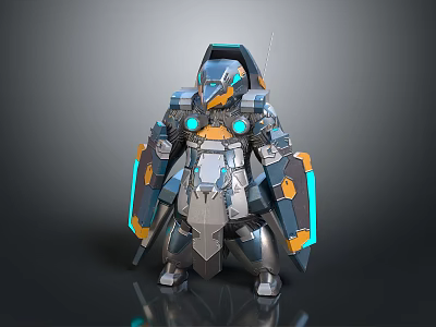 Detailed Futuristic Mechanical Armored Character With Blue Orange Lights And Shields 3d model