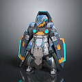 Detailed Futuristic Mechanical Armored Character With Blue Orange Lights And Shields