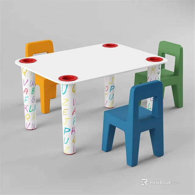Vibrant Kids Table and Chair Set with White Top Multi Colored Chairs and Alphabet Legs 3d model 