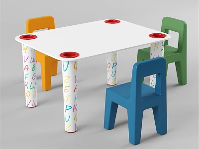 Vibrant Kids Table and Chair Set with White Top Multi Colored Chairs and Alphabet Legs 3d model
