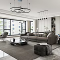 Modern Living and Dining Room Interior With Grey Sofa Large Windows Bookshelves And Hanging Chandeliers