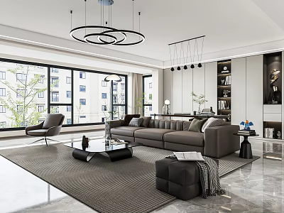 Modern Living and Dining Room Interior With Grey Sofa Large Windows Bookshelves And Hanging Chandeliers 3d model