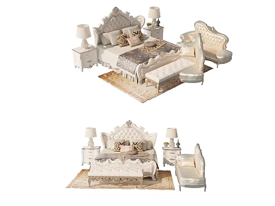 Elegant Classic Double Bed Interior with Bedside Tables Lamps Armchairs and Carpet 3d model